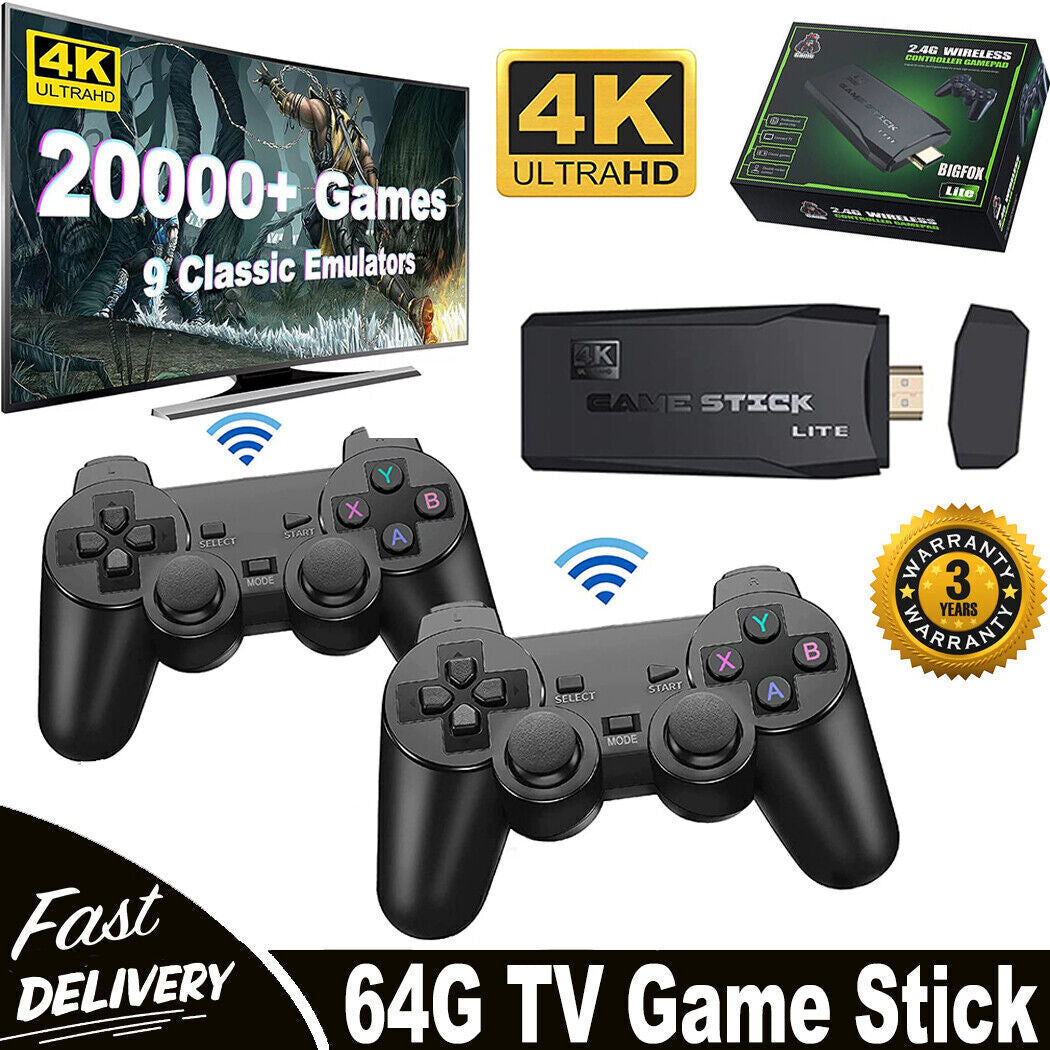 Video Game Console Retro 20000+ Games TV Stick 64G 4K HDMI 2Wireless Controllers